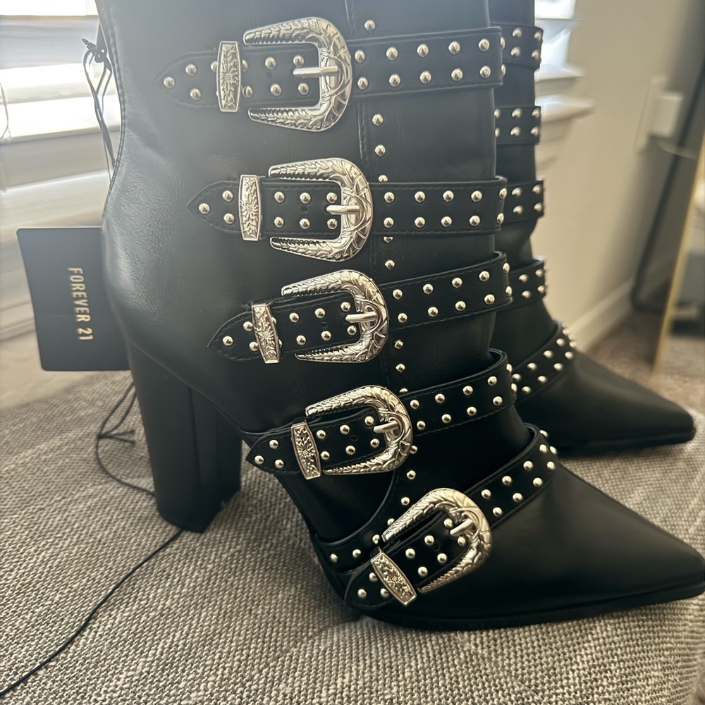 Forever 21 Black Boots with Silver Buckles